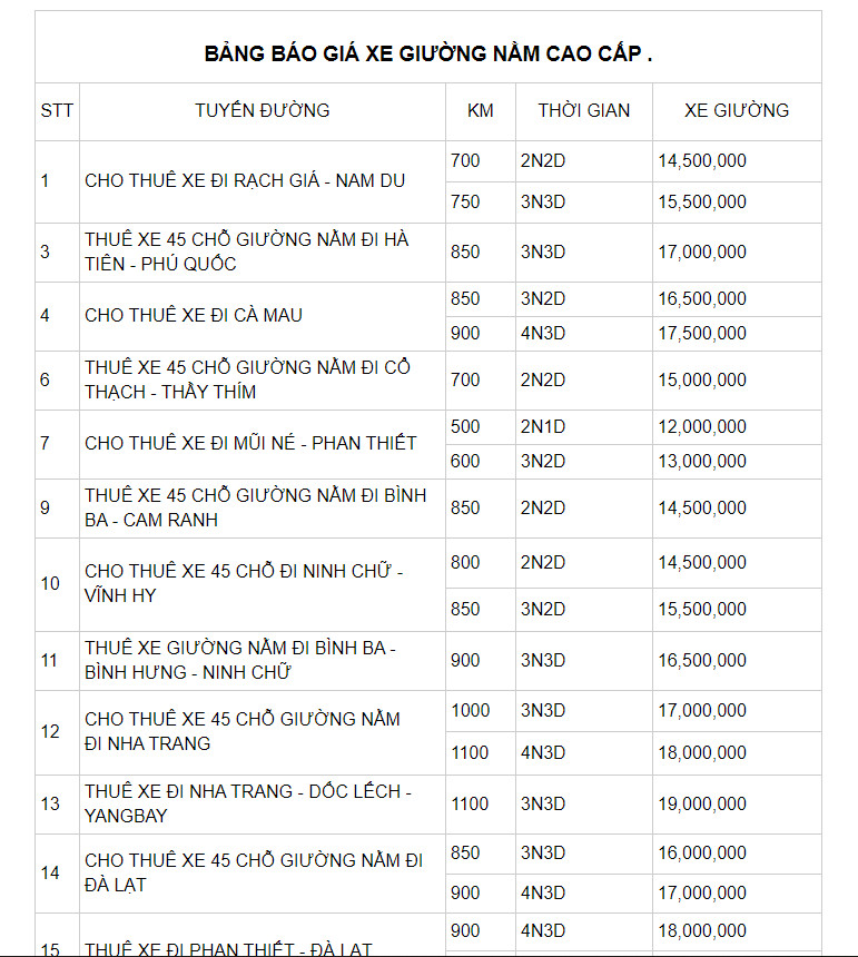 BẢNG GIÁ CHO THUÊ XE GIƯỜNG NẰM CAO CẤP TẠI TP HCM BẢNG GIÁ CHO THUÊ XE GIƯỜNG NẰM CAO CẤP TẠI TP HCM